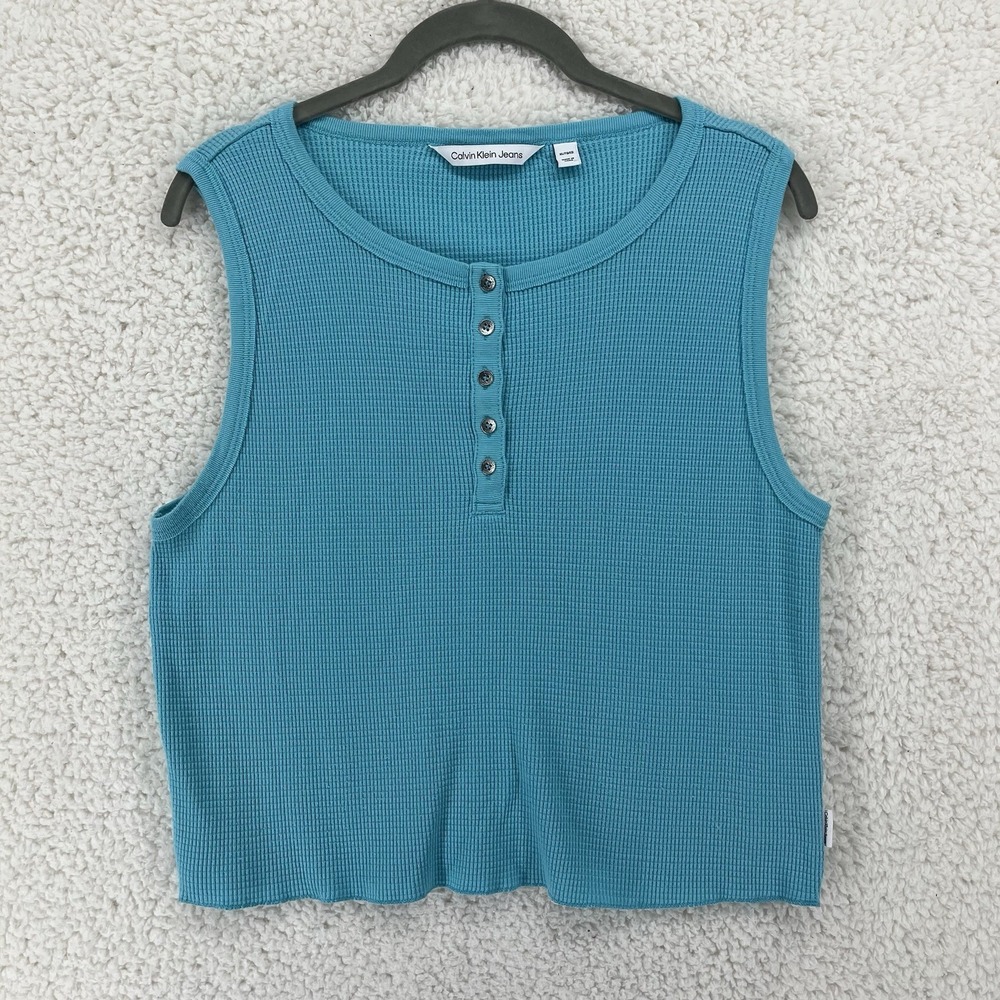 Calvin Klein Jeans Blue Henley Tank Top Size XL Casual Classic Waffle Knit